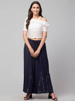 Mirror Embroidery Work Palazzo Pant (Free Size) Navy Color 2