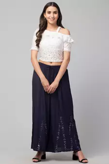 Mirror Embroidery Work Palazzo Pant (Free Size) Navy Color