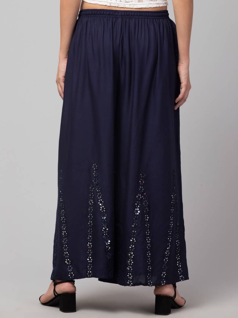 Mirror Embroidery Work Palazzo Pant (Free Size) Navy Color