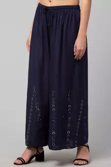 Mirror Embroidery Work Palazzo Pant (Free Size) Navy Color