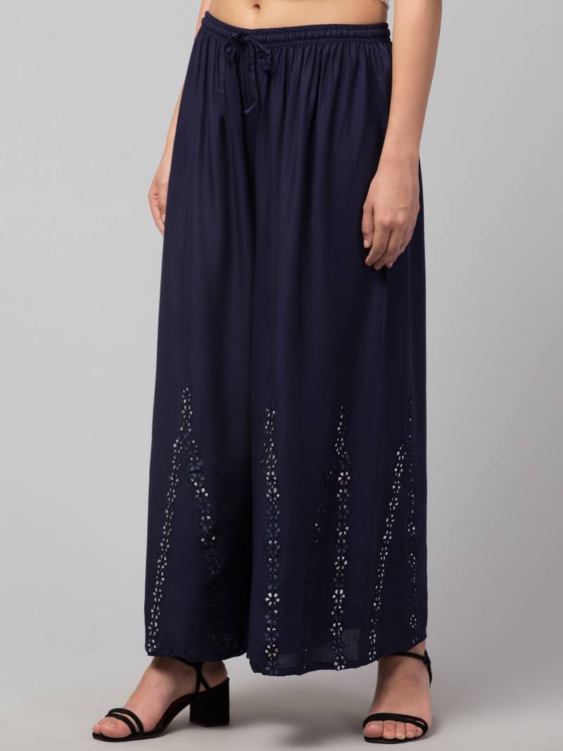 Mirror Embroidery Work Palazzo Pant (Free Size) Navy Color