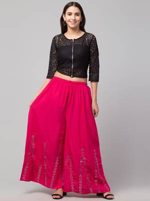 Mirror Embroidery Work Palazzo Pant (Free Size) Pink Color 1