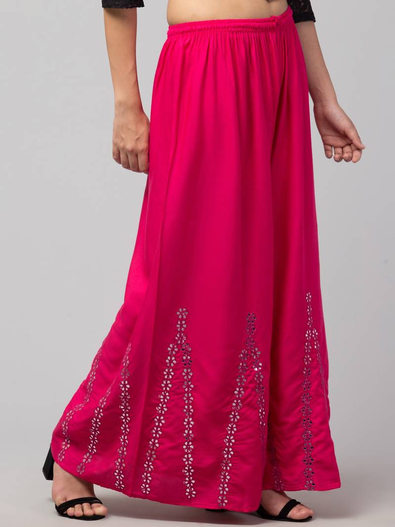 Mirror Embroidery Work Palazzo Pant (Free Size) Pink Color