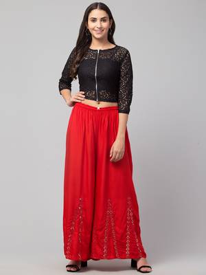 Mirror Embroidery Work Palazzo Pant (Free Size) Red Color 2