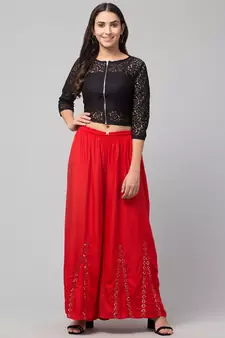 Mirror Embroidery Work Palazzo Pant (Free Size) Red Color
