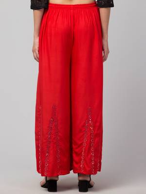 Mirror Embroidery Work Palazzo Pant (Free Size) Red Color 3