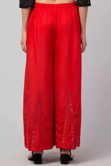 Mirror Embroidery Work Palazzo Pant (Free Size) Red Color