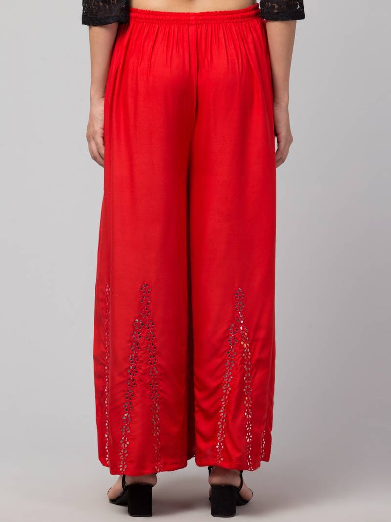 Mirror Embroidery Work Palazzo Pant (Free Size) Red Color