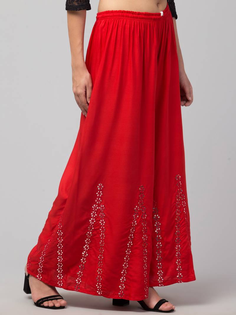 Mirror Embroidery Work Palazzo Pant (Free Size) Red Color