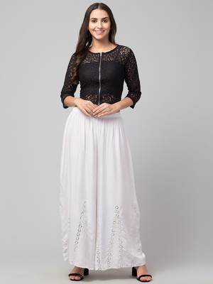 Mirror Embroidery Work Palazzo Pant (Free Size) White Color 2