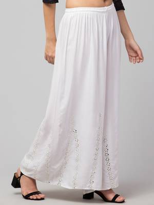 Mirror Embroidery Work Palazzo Pant (Free Size) White Color 4