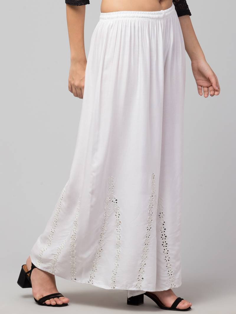 Mirror Embroidery Work Palazzo Pant (Free Size) White Color