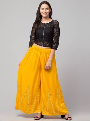Mirror Embroidery Work Palazzo Pant (Free Size) Yellow Color 2