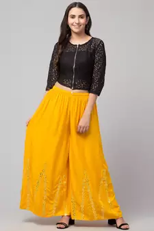Mirror Embroidery Work Palazzo Pant (Free Size) Yellow Color
