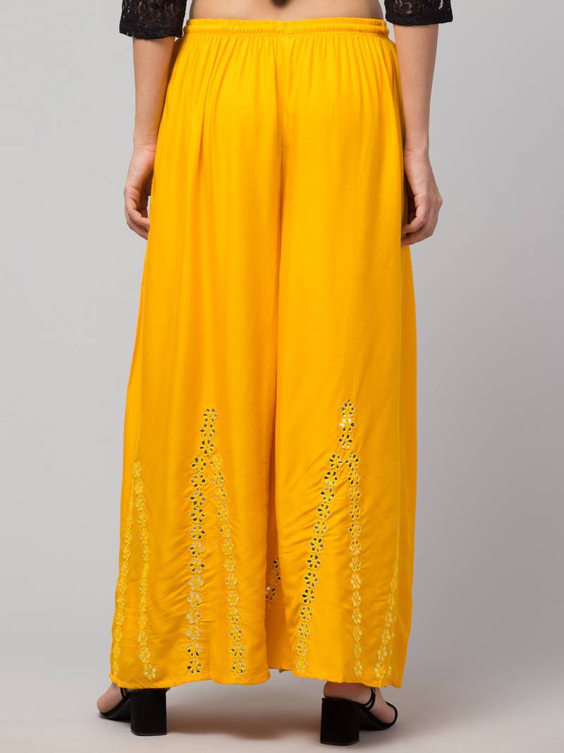 Mirror Embroidery Work Palazzo Pant (Free Size) Yellow Color