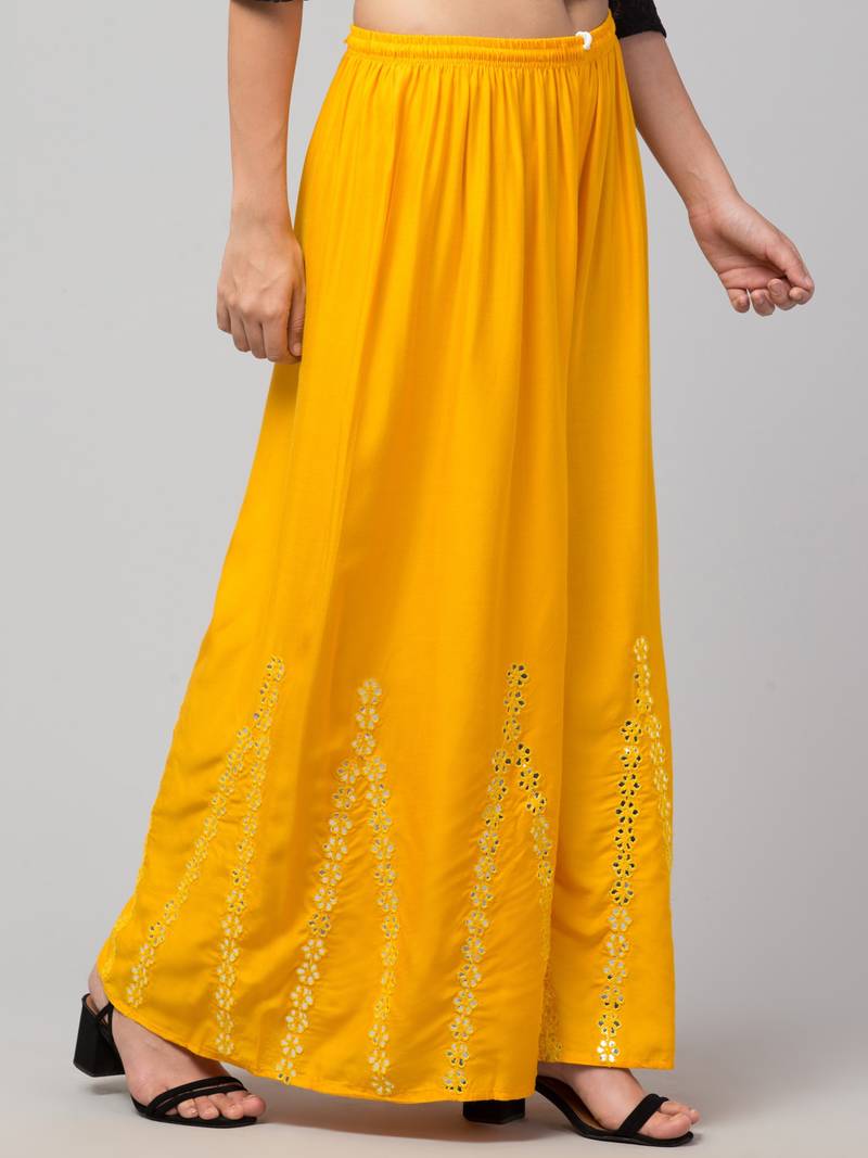 Mirror Embroidery Work Palazzo Pant (Free Size) Yellow Color