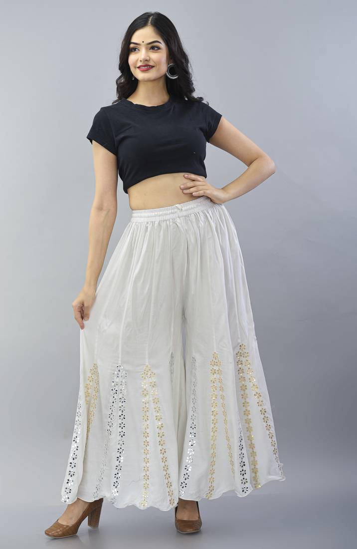 White Rayon Gota Patti Work Palazzo Pants - DARKBLACK Style
