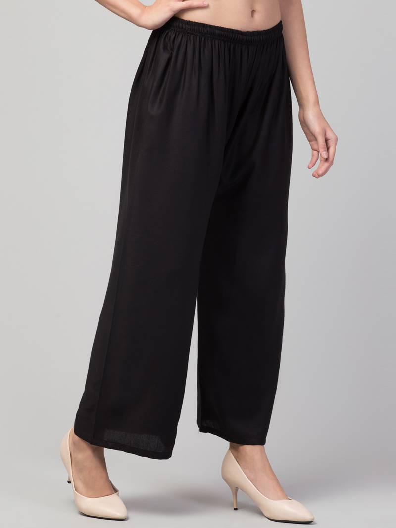 Women Black Solid Relaxed Fit Palazzo with Elastic Drawstring
