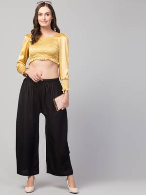 Women Black Solid Relaxed Fit Palazzo with Elastic Drawstring 5