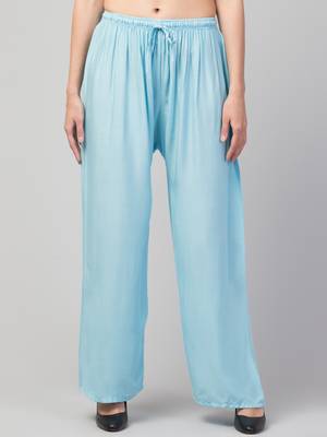 Women Blue Solid Relaxed Fit Palazzo with Elastic Drawstring 1