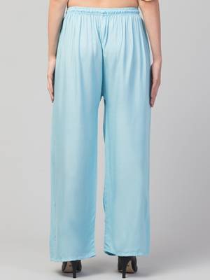 Women Blue Solid Relaxed Fit Palazzo with Elastic Drawstring 2