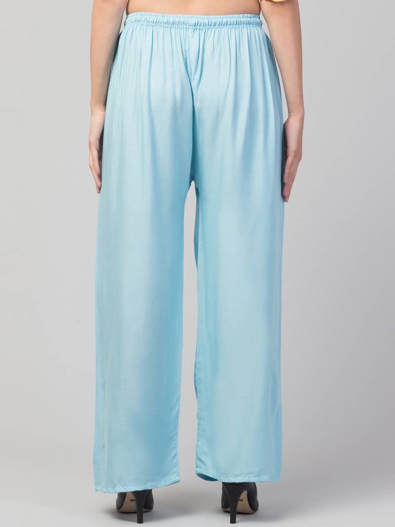 Women Blue Solid Relaxed Fit Palazzo with Elastic Drawstring