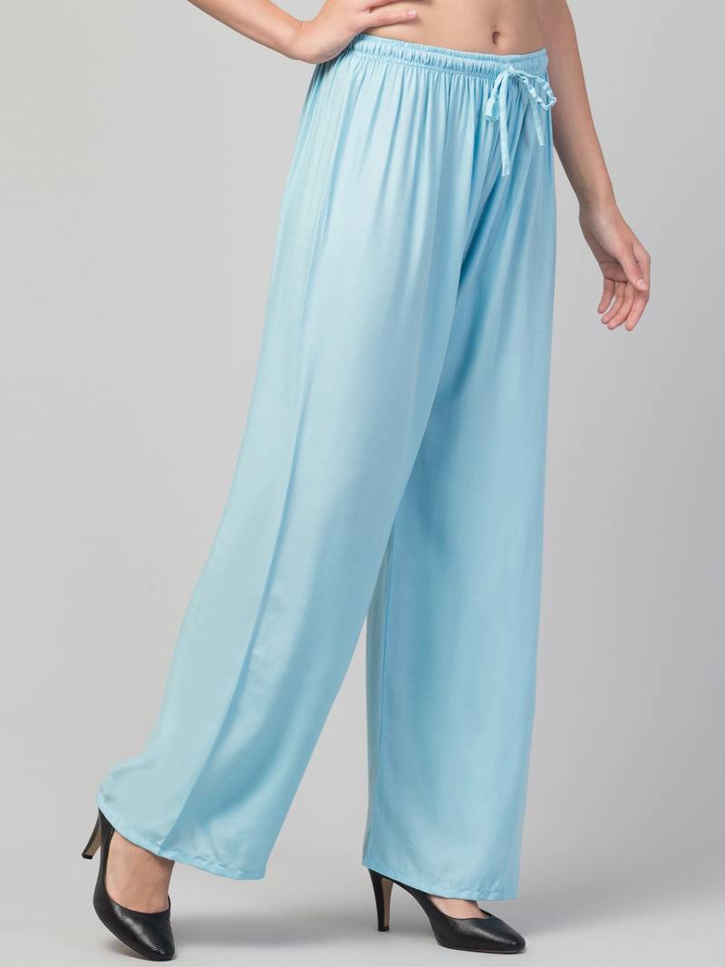 Women Blue Solid Relaxed Fit Palazzo with Elastic Drawstring