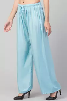 Women Blue Solid Relaxed Fit Palazzo with Elastic Drawstring
