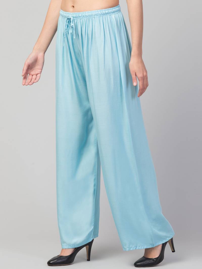 Women Blue Solid Relaxed Fit Palazzo with Elastic Drawstring