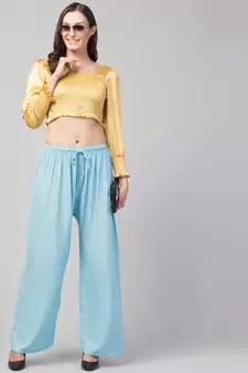 Women Blue Solid Relaxed Fit Palazzo with Elastic Drawstring