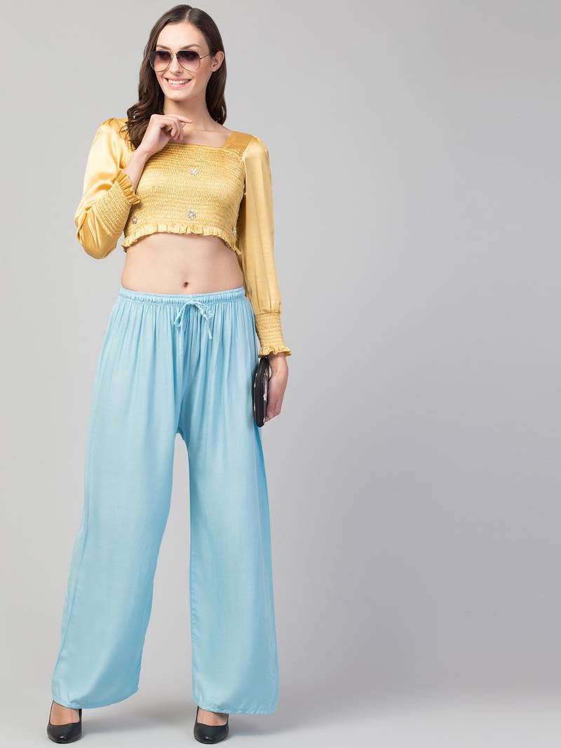 Women Blue Solid Relaxed Fit Palazzo with Elastic Drawstring