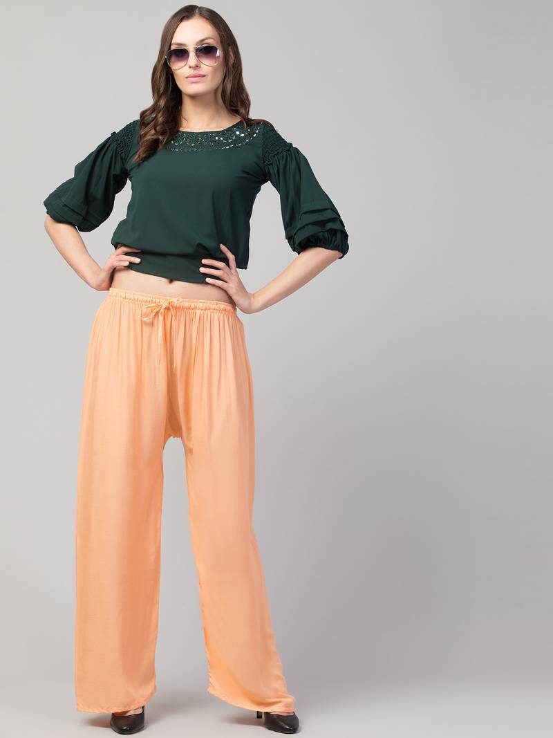 Women Beige Solid Relaxed Fit Palazzo with Elastic Drawstring