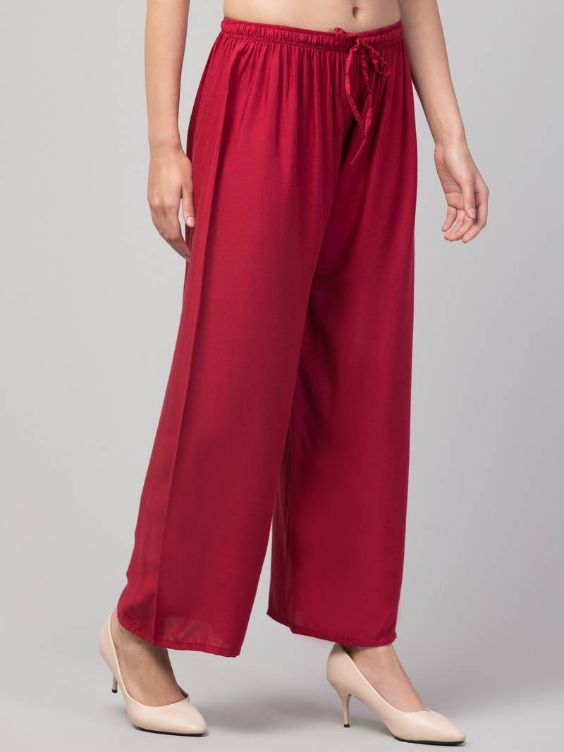 Women Maroon Solid Relaxed Fit Palazzo with Elastic Drawstring