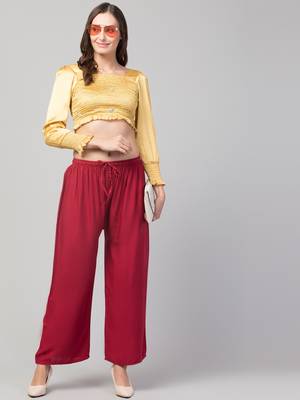 Women Maroon Solid Relaxed Fit Palazzo with Elastic Drawstring 5
