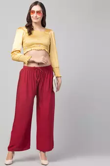 Women Maroon Solid Relaxed Fit Palazzo with Elastic Drawstring