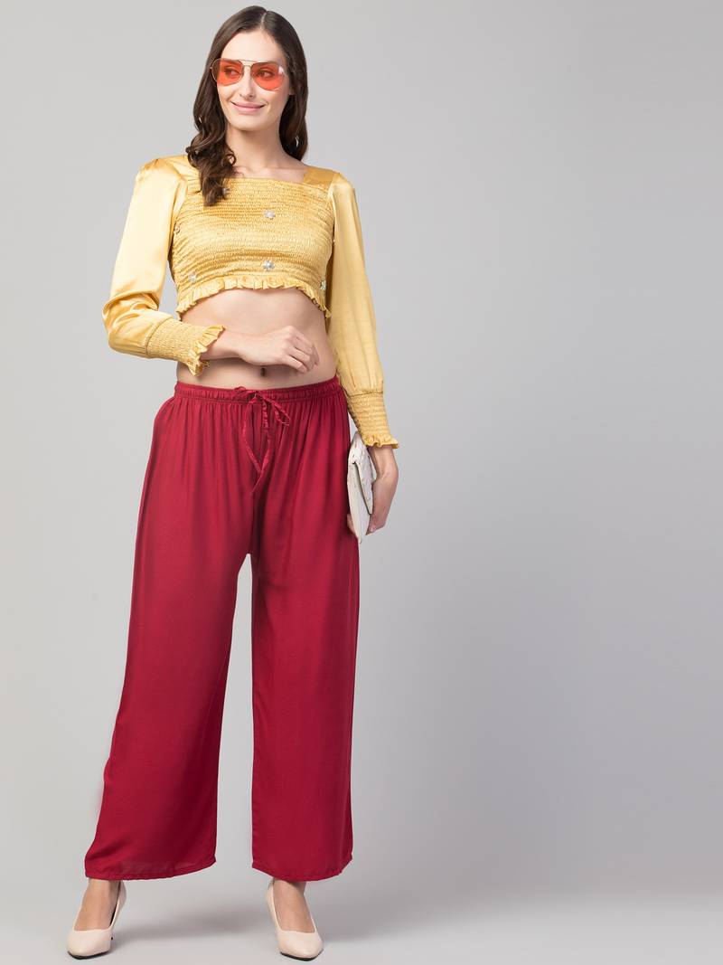Women Maroon Solid Relaxed Fit Palazzo with Elastic Drawstring