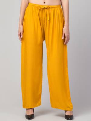 Women Mustard Solid Relaxed Fit Palazzo with Elastic Drawstring 1