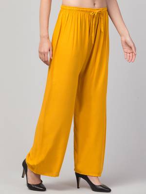 Women Mustard Solid Relaxed Fit Palazzo with Elastic Drawstring 3