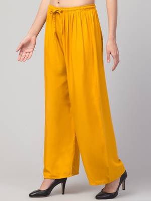 Women Mustard Solid Relaxed Fit Palazzo with Elastic Drawstring 4