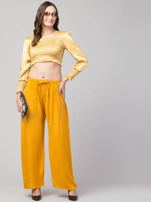 Women Mustard Solid Relaxed Fit Palazzo with Elastic Drawstring 5