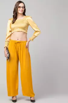 Women Mustard Solid Relaxed Fit Palazzo with Elastic Drawstring