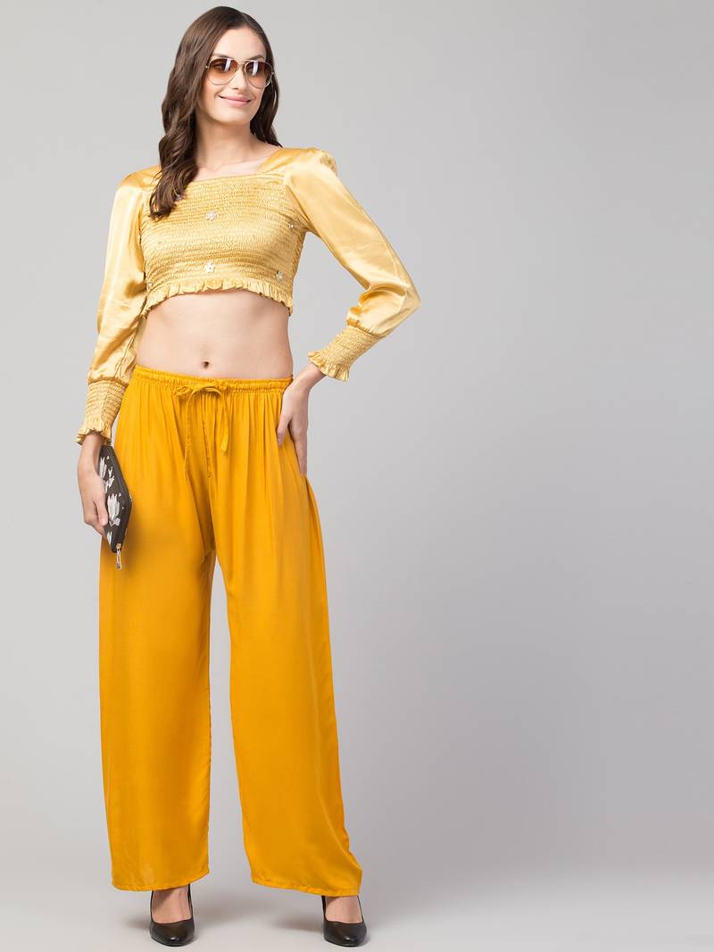 Women Mustard Solid Relaxed Fit Palazzo with Elastic Drawstring