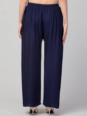 Women Navy Solid Relaxed Fit Palazzo with Elastic Drawstring 2