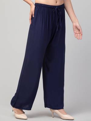 Women Navy Solid Relaxed Fit Palazzo with Elastic Drawstring 3