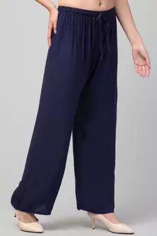 Women Navy Solid Relaxed Fit Palazzo with Elastic Drawstring