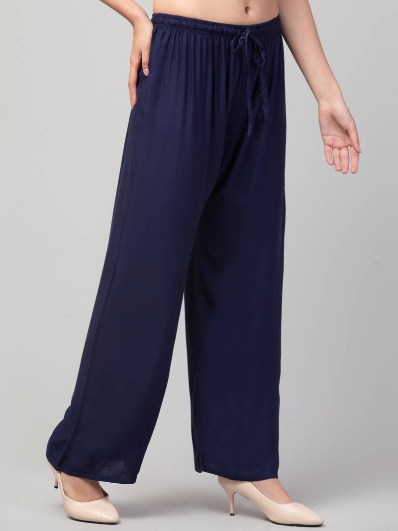 Women Navy Solid Relaxed Fit Palazzo with Elastic Drawstring