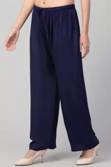 Women Navy Solid Relaxed Fit Palazzo with Elastic Drawstring