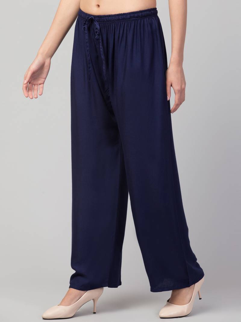 Women Navy Solid Relaxed Fit Palazzo with Elastic Drawstring