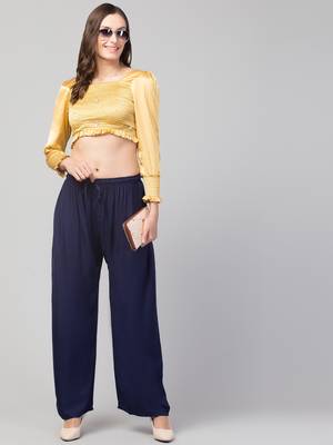 Women Navy Solid Relaxed Fit Palazzo with Elastic Drawstring 5