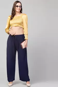 Women Navy Solid Relaxed Fit Palazzo with Elastic Drawstring